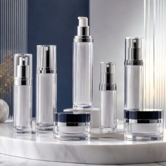 Acrylic cosmetic bottles with pump dispensers for premium skincare packaging