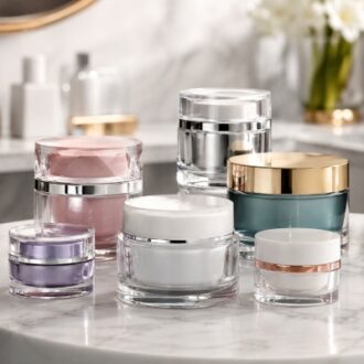 Acrylic cosmetic jars with premium metallic lids for skincare packaging