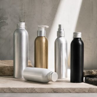 Aluminum cosmetic bottles with pump spray and screw cap options