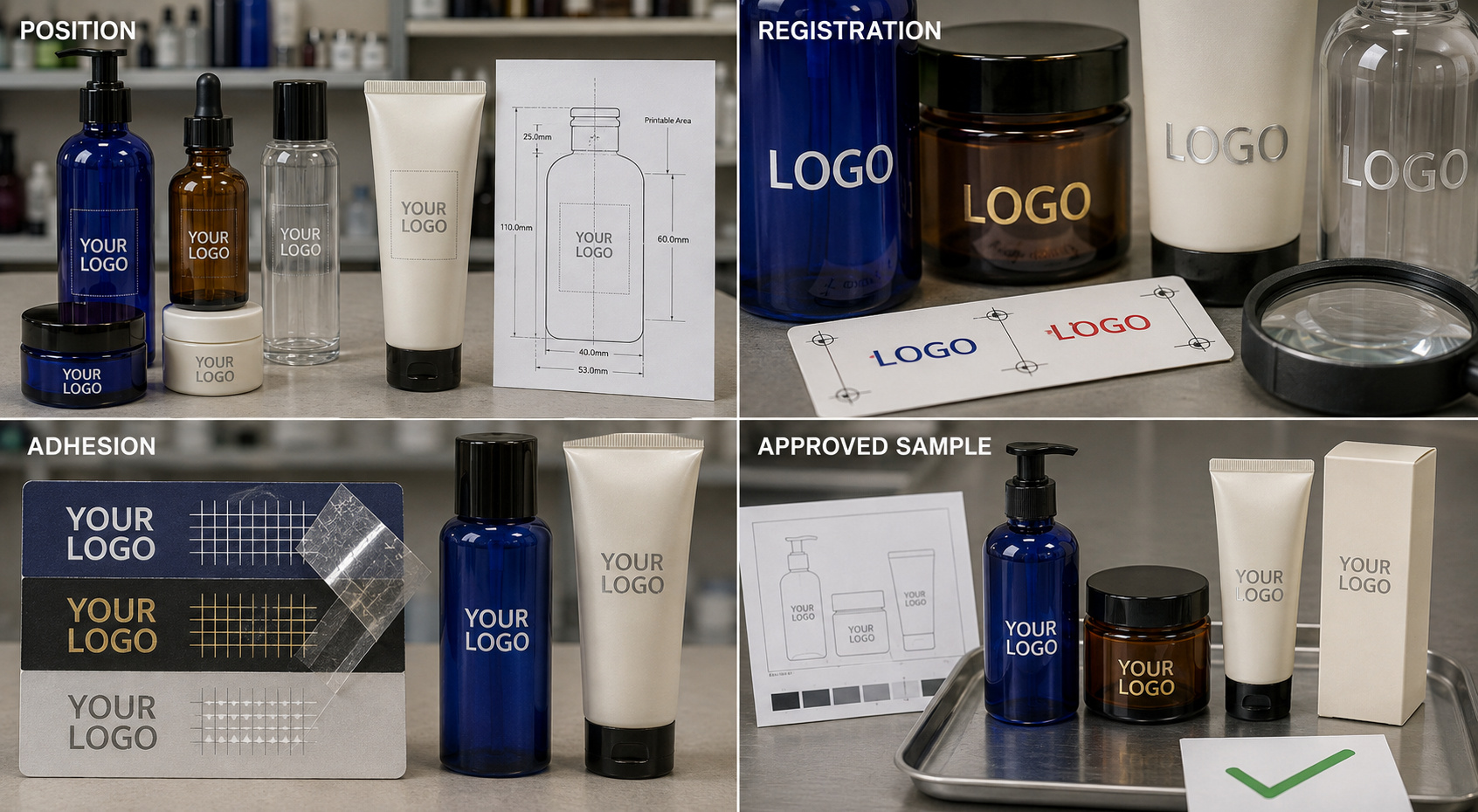 Cosmetic packaging Logo position, registration, adhesion testing and approved samples.