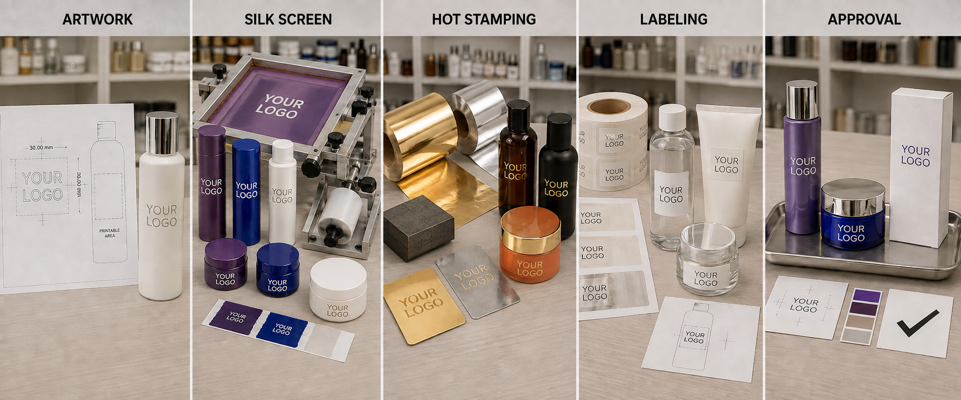 Cosmetic packaging artwork, silk-screen printing, hot stamping, labeling and approval.