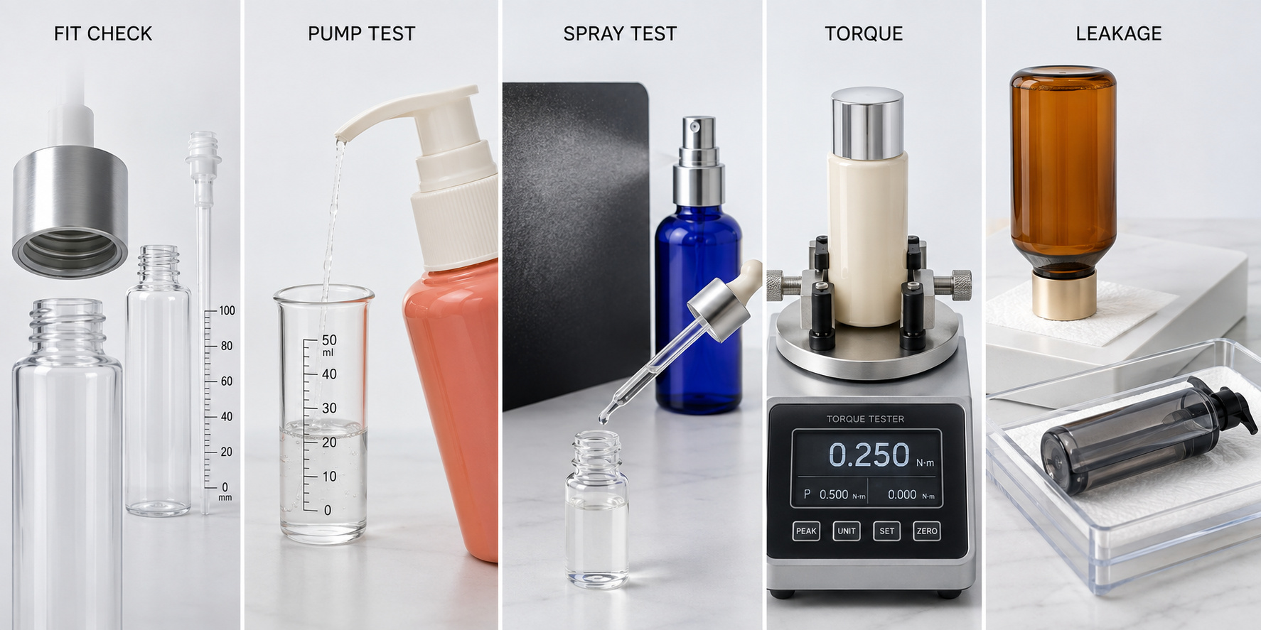 Cosmetic packaging closure function and leakage testing steps
