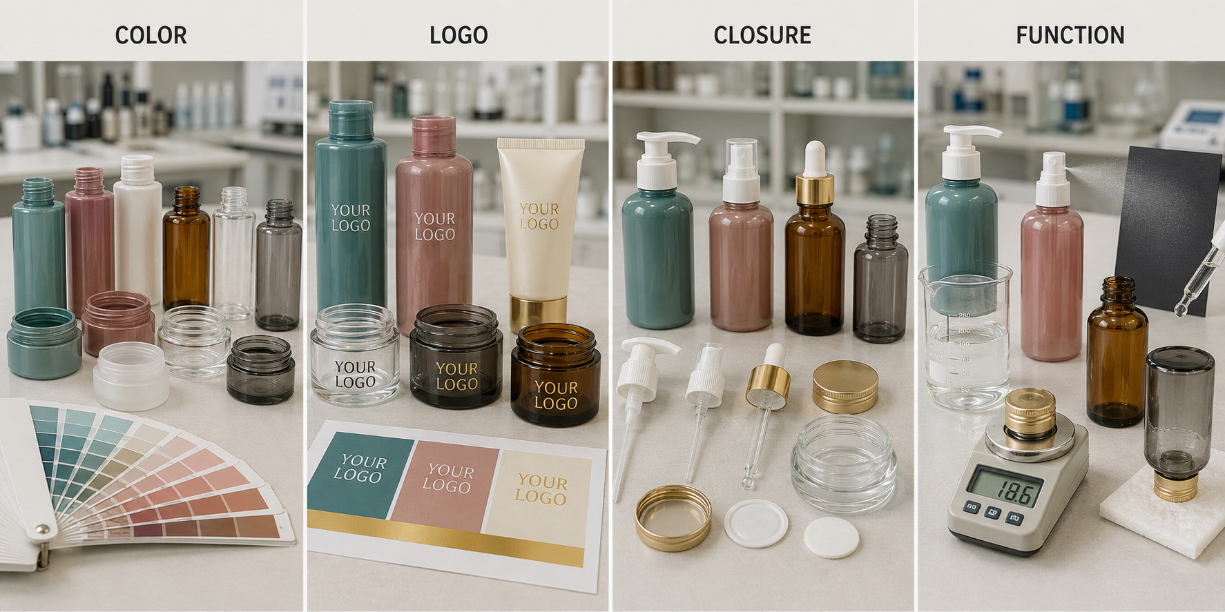 Cosmetic packaging color, logo, closure matching and function testing.