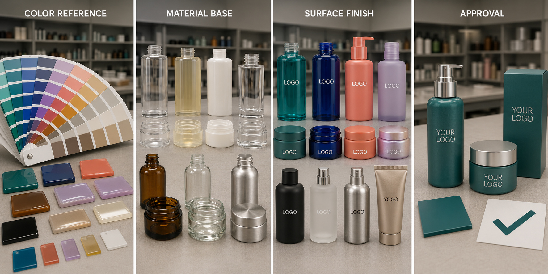 Cosmetic packaging color references, material bases, surface finishes and approved samples.
