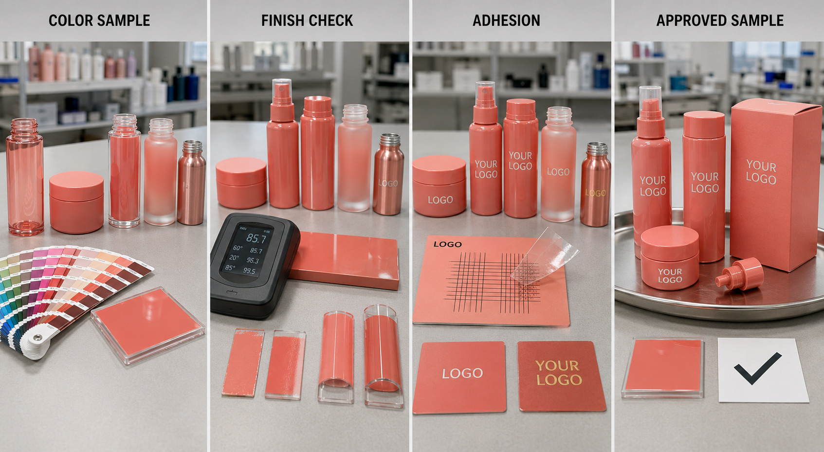 Cosmetic packaging color samples, finish checks, Logo adhesion and approved samples.