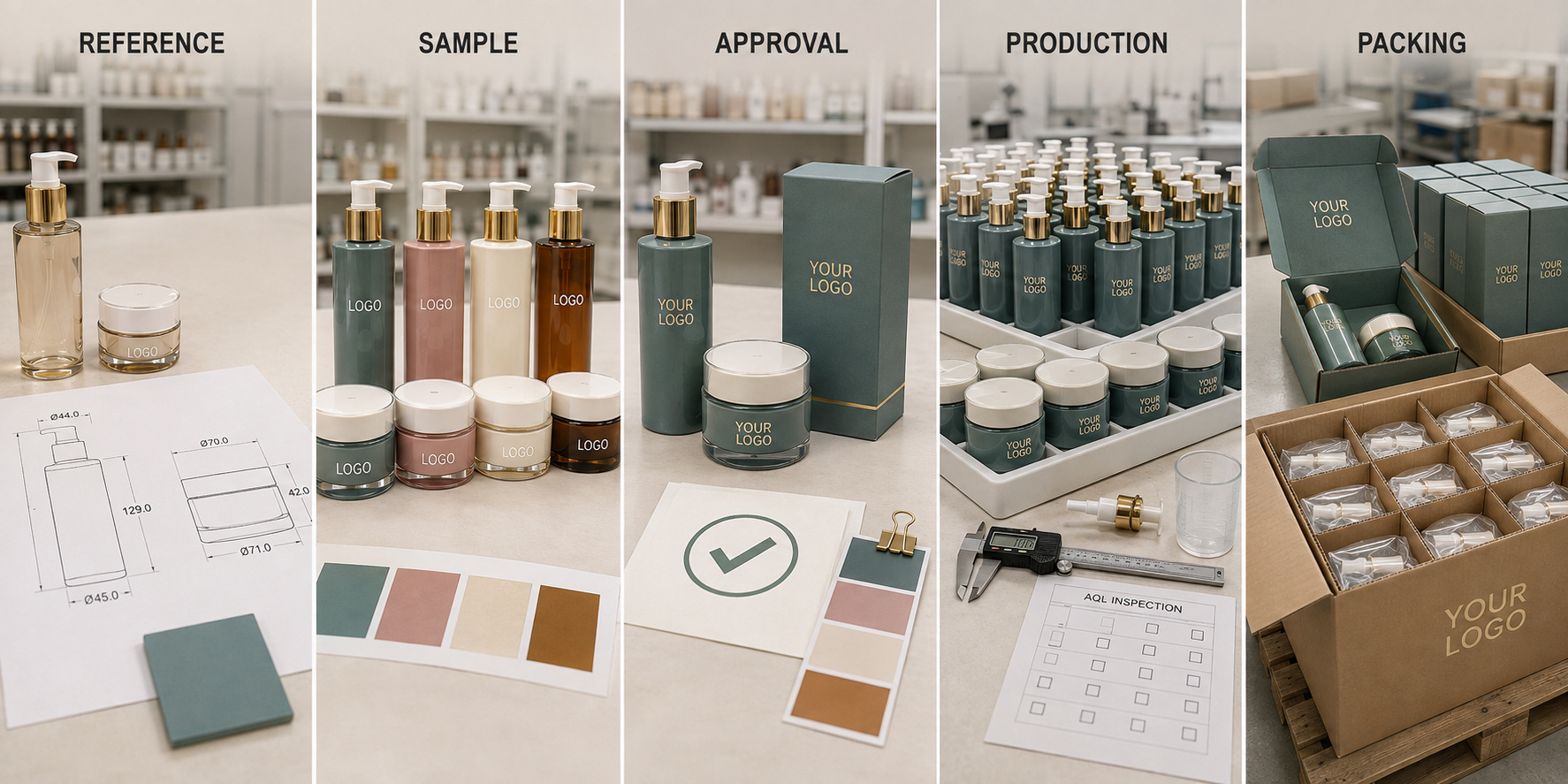 Cosmetic packaging from reference and sampling to production and export packing.