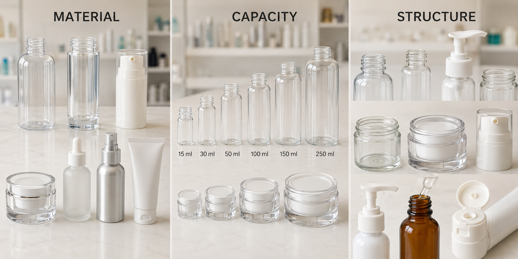 Cosmetic packaging material, capacity and container structure options.