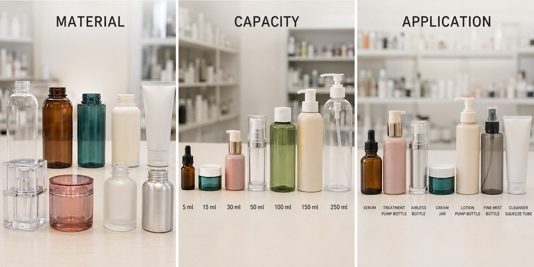 Cosmetic packaging materials, capacities and application options.