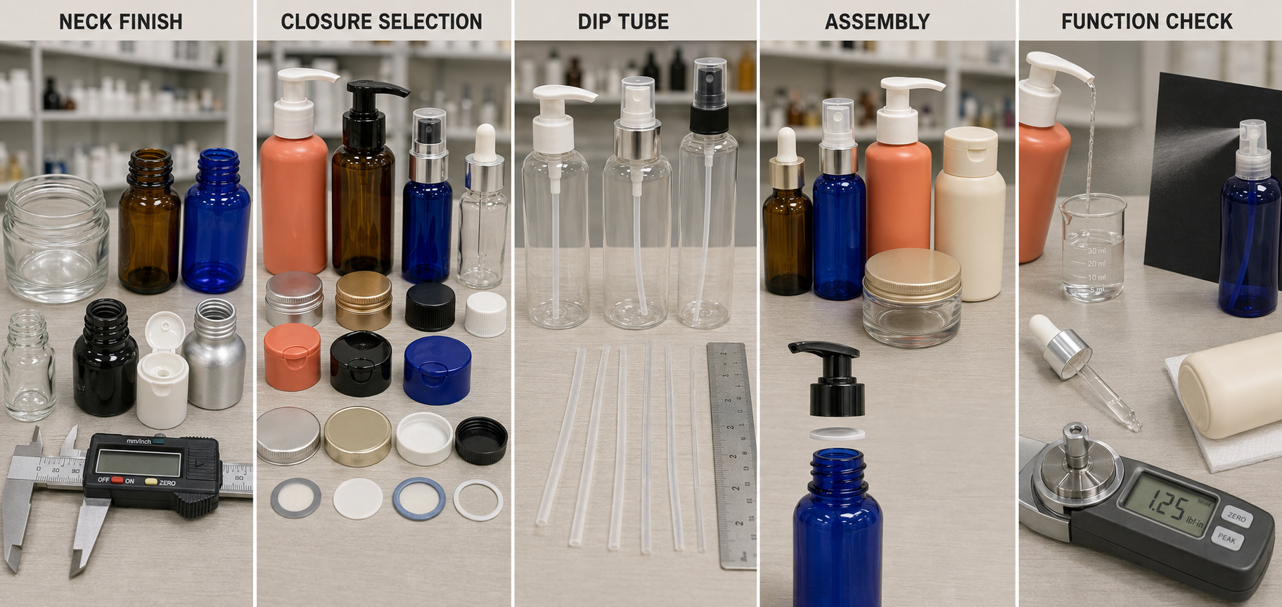 Cosmetic packaging neck, closure, dip tube, assembly and function checks.