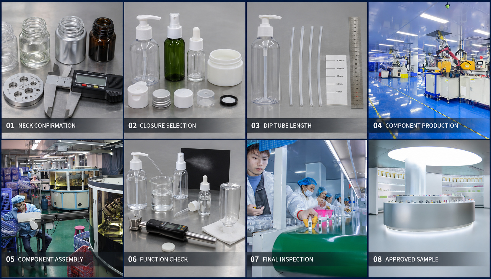 Cosmetic packaging pump and component assembly process
