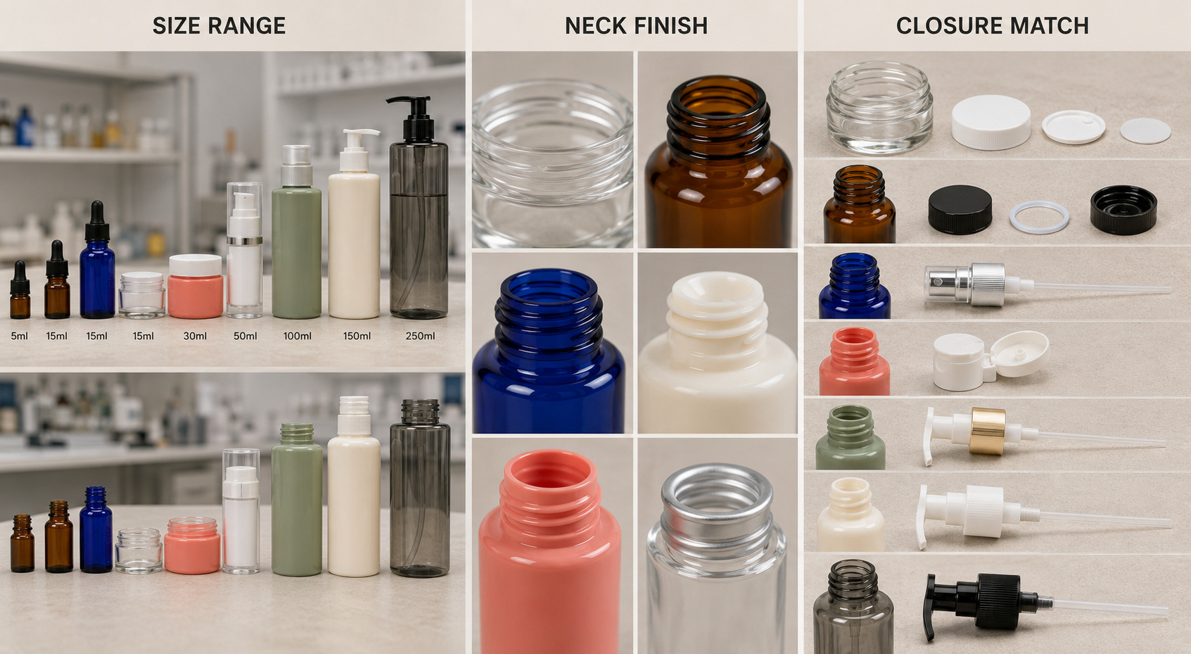 Cosmetic packaging size range, neck finishes and closure matching options.