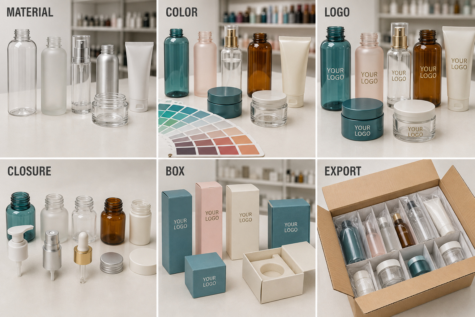 Custom OEM cosmetic packaging materials, colors, logos, closures, boxes and export packing.