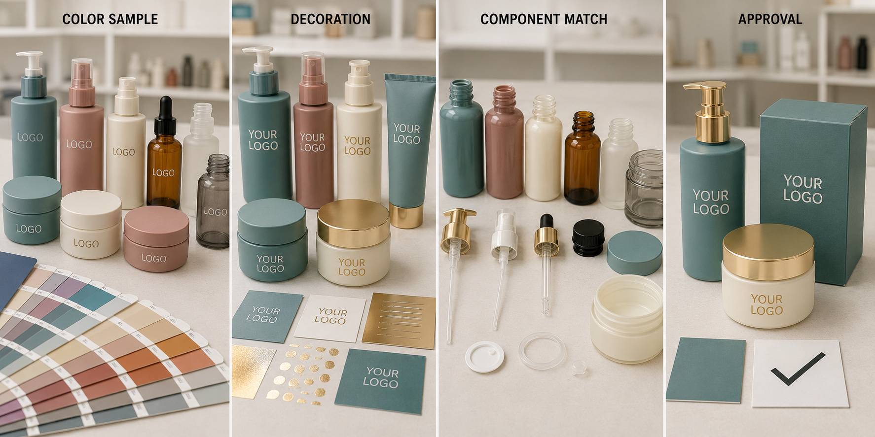 Custom cosmetic packaging color samples, decoration, component matching and approval.
