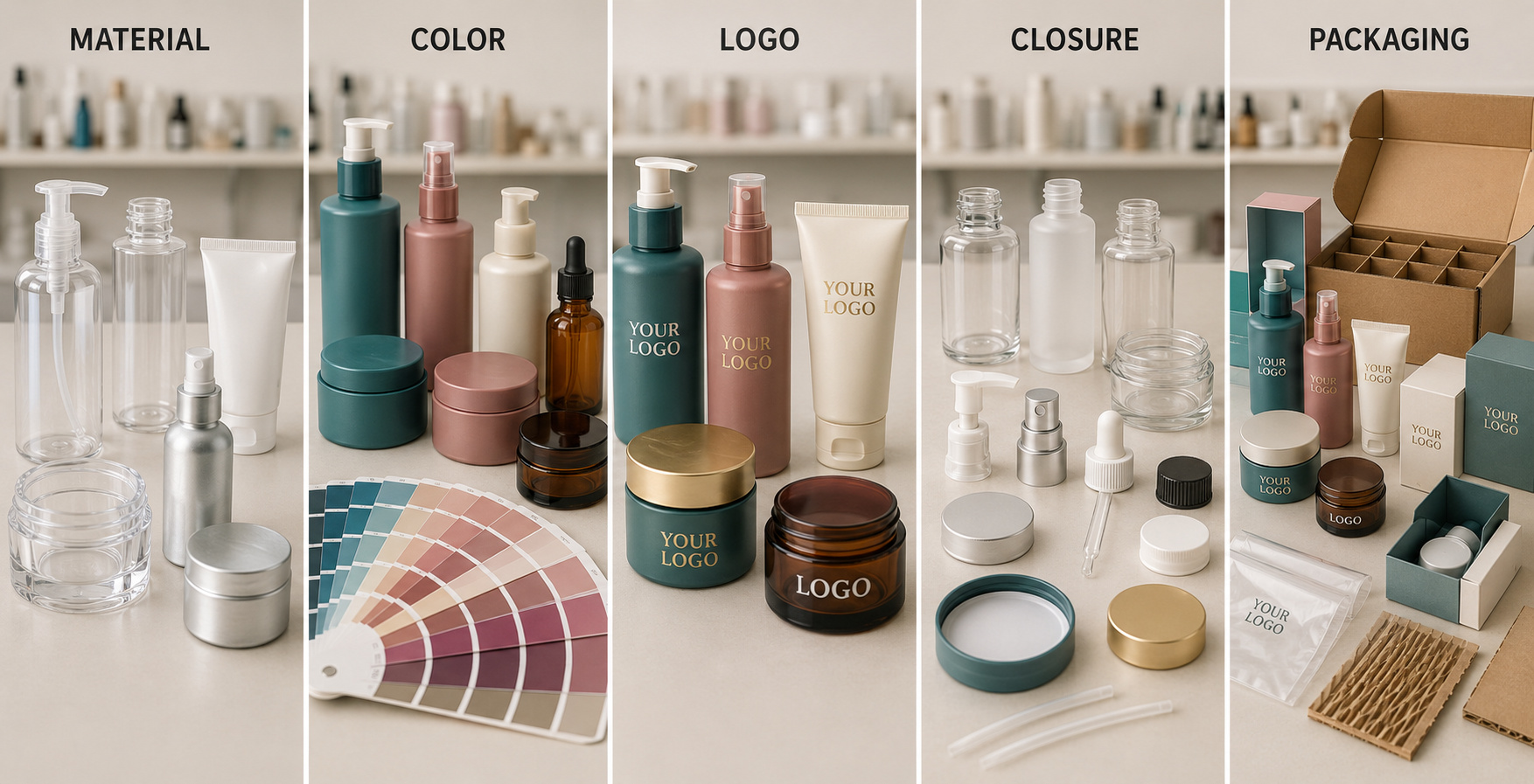 Custom cosmetic packaging materials, colors, logos, closures and export packaging.