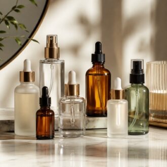 Glass cosmetic bottles with droppers pumps and spray closures for skincare packaging