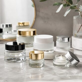 Glass cosmetic jars with black gold silver and white lids for cream packaging