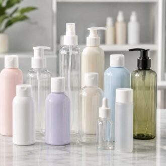 Plastic cosmetic bottles with pumps sprays and caps for wholesale packaging