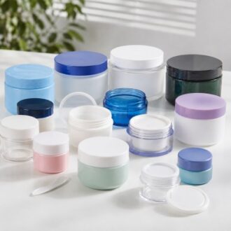 Plastic cosmetic jars in multiple colors sizes and lid styles for skincare packaging